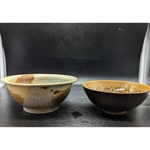 Lot/2 Vintage Studio Art Pottery Ceramic Bowls Brown Beige Signed 7* 7.75"